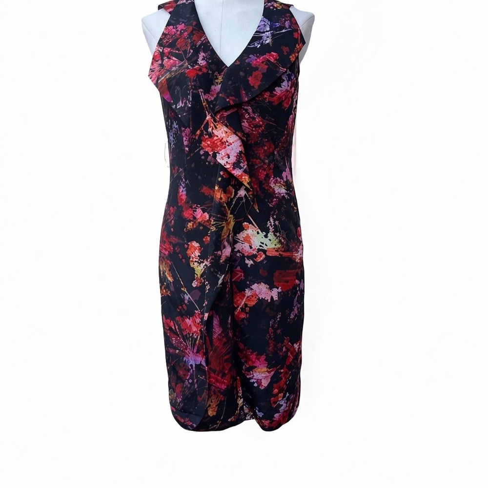 Karen Millen Modern Abstract Floral Ruffle Front V-Neck Slim Fit Party Dress - Picture 2 of 16